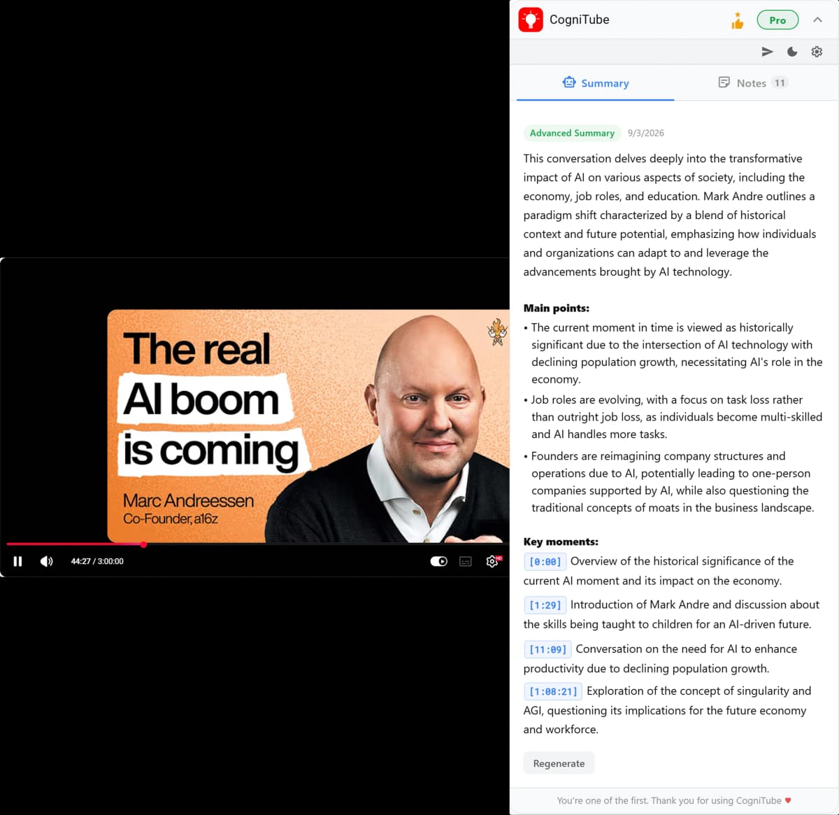 CogniTube extension showing AI summary and key moments in the YouTube sidebar